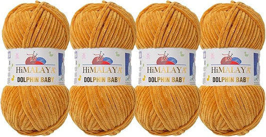 4 Skein/Pack Himalaya Dolphin Baby Chenille Yarn, Each Ball 100 gr (3.5 oz), 120 m (132 Yards), 100% Polyester, Super Bulky Baby Blanket Velvet Amigurumi Yarn, 80330 - Mustard Yellow
