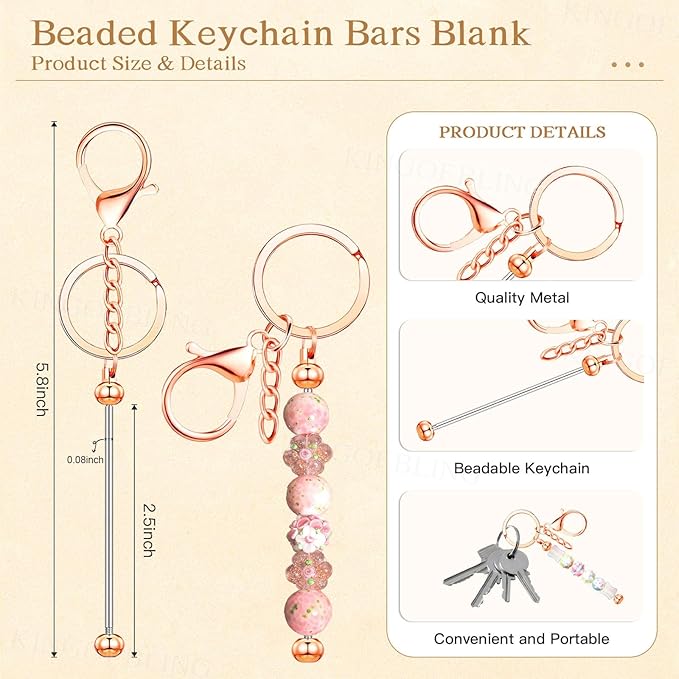12 PCS Beadable Keychain Making Kit,Key Chain Keyrings for Jewelry Making,Car Bag Purse Charms Key Chains Bulk Metal Blank Bars,DIY Supplies Christmas Gifts for Women Men Crafts Custom Projects Rose