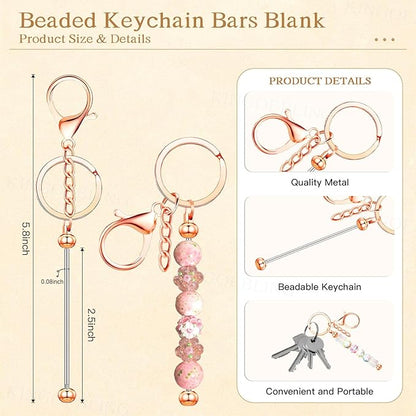 12 PCS Beadable Keychain Making Kit,Key Chain Keyrings for Jewelry Making,Car Bag Purse Charms Key Chains Bulk Metal Blank Bars,DIY Supplies Christmas Gifts for Women Men Crafts Custom Projects Rose
