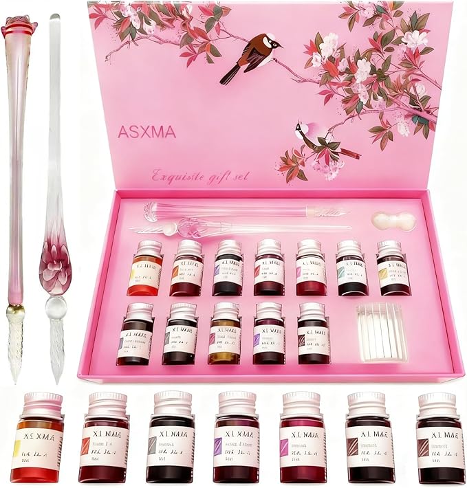 ASXMA Calligraphy Dip Pen Set - 12 Colorful Inks, 2 glass pens Pen Holder, Glass, Crystal Pen for Art Writing, Drawing, Signatures, Decoration,Holiday Gift Set Calligraphy Beginners