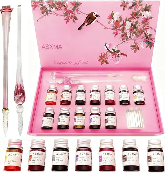 ASXMA Calligraphy Dip Pen Set - 12 Colorful Inks, 2 glass pens Pen Holder, Glass, Crystal Pen for Art Writing, Drawing, Signatures, Decoration,Holiday Gift Set Calligraphy Beginners