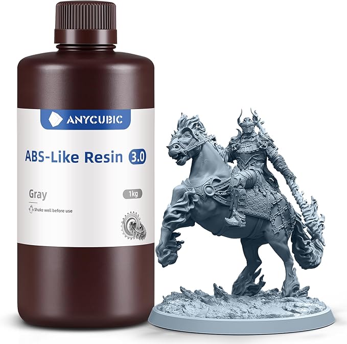 ANYCUBIC 3D Printer Resin, ABS-Like 3.0 Resin for 8K/14K/16K 3D Printing, Strong Strength, High Precision, Low Odor, Wide Compatibility for All LCD Resin 3D Printers (Grey, 1kg)
