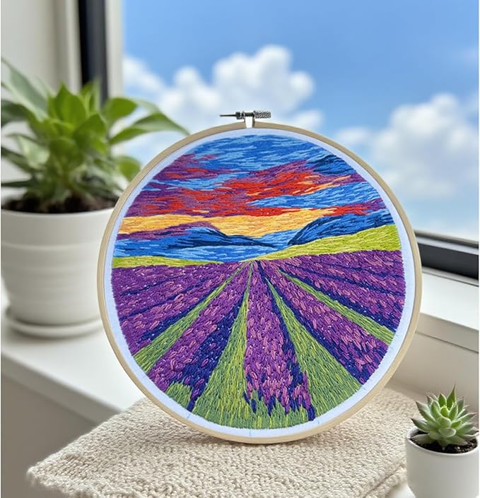 Maydear 6 Pack Embroidery Starter Kit with Pattern, Stamped Cross Stitch Kits for Beginners Adults with Embroidery Hoop and Instructions, Hand Embroidery Kit (Landscape six Sets)