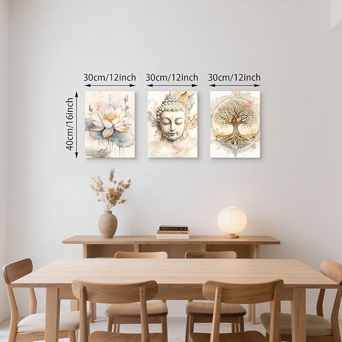 WENGTIAO 3Pcs Zen Canvas Wall Art Prints Beige Tree of Life Wall Paintings Buddha Lotus Pictures Posters Religious Spiritual Meditation Room Decor for Living Room Bedroom Spa Office 12x16x3Pcs