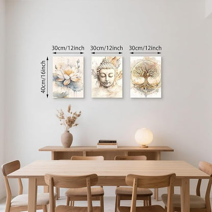 WENGTIAO 3Pcs Zen Canvas Wall Art Prints Beige Tree of Life Wall Paintings Buddha Lotus Pictures Posters Religious Spiritual Meditation Room Decor for Living Room Bedroom Spa Office 12x16x3Pcs