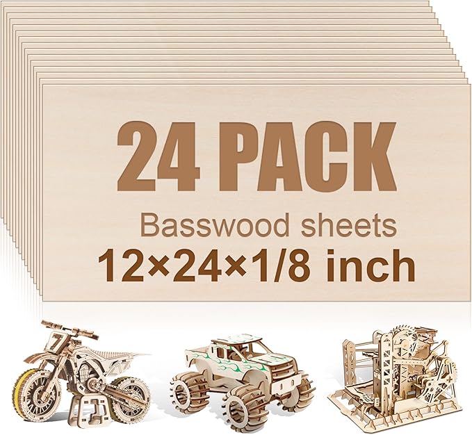 24 Pack Basswood Sheets 12"x24"x1/8", 3mm Basswood for Laser Cutting and Engraving,Thin Plywood Board Unfinished Wood for Crafts, DIY Ornaments and Architectural Model, Wood Burning.