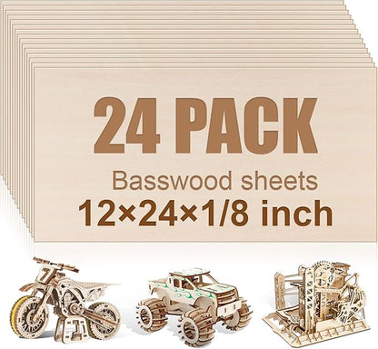 24 Pack Basswood Sheets 12"x24"x1/8", 3mm Basswood for Laser Cutting and Engraving,Thin Plywood Board Unfinished Wood for Crafts, DIY Ornaments and Architectural Model, Wood Burning.