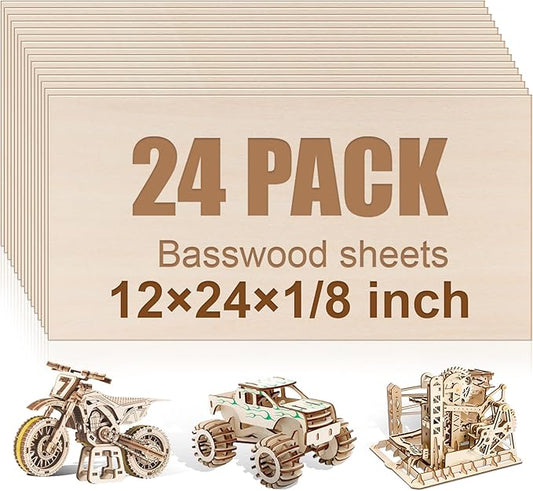 24 Pack Basswood Sheets 12"x24"x1/8", 3mm Basswood for Laser Cutting and Engraving,Thin Plywood Board Unfinished Wood for Crafts, DIY Ornaments and Architectural Model, Wood Burning.