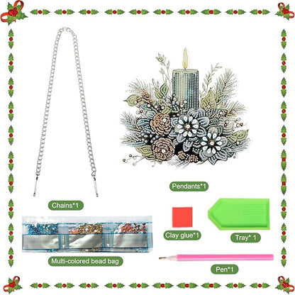 Christmas Diamond Painting Hanging Ornament Kit, 5D DIY Crystal Diamond Art Pendant with Candle and Floral Decoration, Holiday Wall, Window & Door Hanging Decor for Adults, Home Gift, 24.1 x 21.9 cm