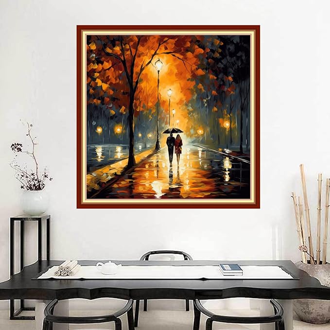 Joyhoor Stamped Cross Stitch Kits for Beginners Needlepoint Kits for Adults Embroidery Kits 11CT Counted Cross Stitch Kits Printed Embroidery Pattern-Strolling on a Rainy Night 18x18 inchs