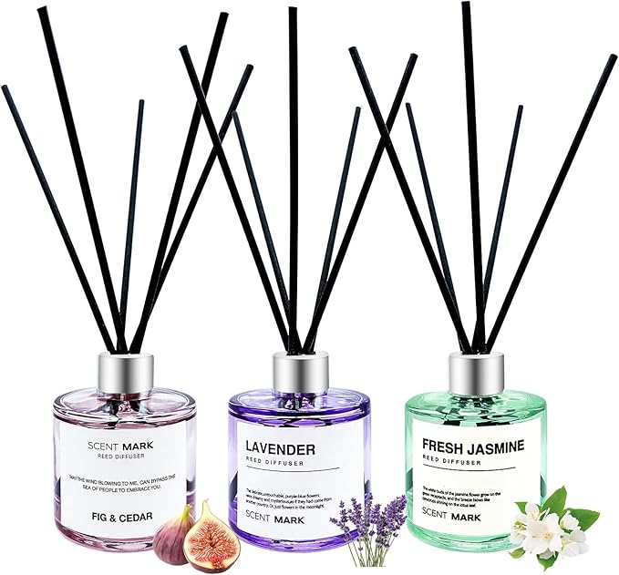 POWSHELF Reed Diffuser Set of 3 Pack,50ML Lavender Jasmine Lemon Basil Scented Oil Diffuser with 5 Sticks,Home Fragrance Reed Diffuser for Bedroom Bathroom Office (Lavender/Jasmine/Fig Cedar)