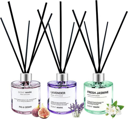 POWSHELF Reed Diffuser Set of 3 Pack,50ML Lavender Jasmine Lemon Basil Scented Oil Diffuser with 5 Sticks,Home Fragrance Reed Diffuser for Bedroom Bathroom Office (Lavender/Jasmine/Fig Cedar)