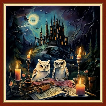 DMCVIVR Stamped Cross Stitch Kits for Beginners Adults Needlepoint Kits for Beginners Embroidery Kits for Adults Crossstitch Kit for Beginners 11CT-Owl Castle 18x18 inch