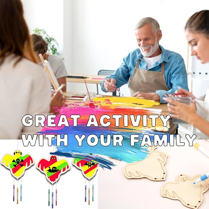 Wooden Ghosts Wind Chime Ornaments Painting Craft,12PCS Unfinished Wood Hanging Decoration,6 Style Cutouts for Adults Olders to Paint DIY Tags Wedding Home Decors Hanging