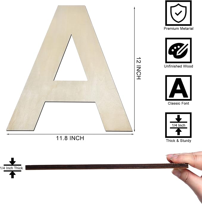 12 Inch Wooden Letter A, 1/4 Inch Thick Large Unfinished Wood Letter for Home Wall Decor, DIY Crafts