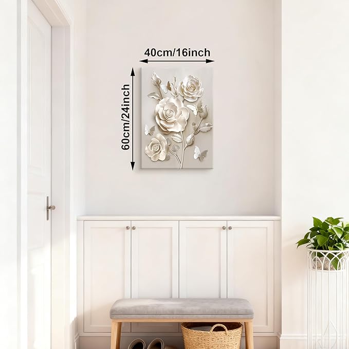 WENGTIAO Beige Flora Canvas Wall Art Neutral Roses Butterflies Wall Print Poster Modern Botanical Minimalist Blossom Painting Picture Elegant Flower Artwork for Living Room Bedroom Bathroom 16x24 inch