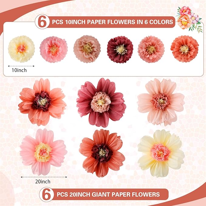 Crowye 12 Pcs Large Colorful Tissue Paper Flowers Decorations 20" Giant Fiesta Craft Crepe Paper Flowers for Wall Decor Backdrop Mexican Wedding Birthday Carnival Party (Vintage Color)
