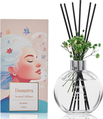 Donurex Flower Reed Diffuser Set 5.07oz Jasmine Scent Diffuser with Sticks Home Fragrance Reed Diffuser for Bathroom Shelf Decor