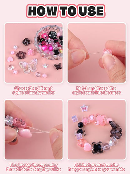 150PCS Acrylic Pastel Beads for Jewelry Making, Kalolary Colorful Bow Butterfly Flower Kawaii Plastic Candy Heart Cute Macaroon Aesthetic Beads for Bracelet Necklace DIY Supplies (Black Rose Pink)