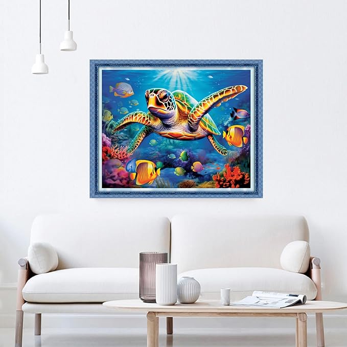 DMCVIVR Stamped Cross Stitch Kits for Beginners Adults Needlepoint Kits for Beginners Embroidery Kits for Adults Crossstitch Kit for Beginners 11CT-Colorful Turtle 16x20 inchs