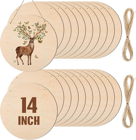 Suzile 20 Pcs Blank Wood Rounds Unfinished Wooden Crafts Signs Circles Discs for DIY Christmas Home Decor Painting Door Hanger Design (14 Inch)