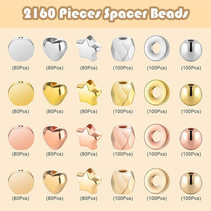Gold Spacer Beads 2160 Pieces Bracelet Beads for DIY Jewelry Making(Gold, Sliver, Rose Gold, KC Gold)