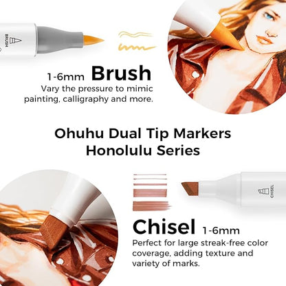 Ohuhu Skin Tone Alcohol Markers Brush Tip - 24 Portrait Skin Color Markers for Artist Adults Coloring Illustration - Chisel and Brush Dual Tips - Honolulu - Refillable - AP Certificated