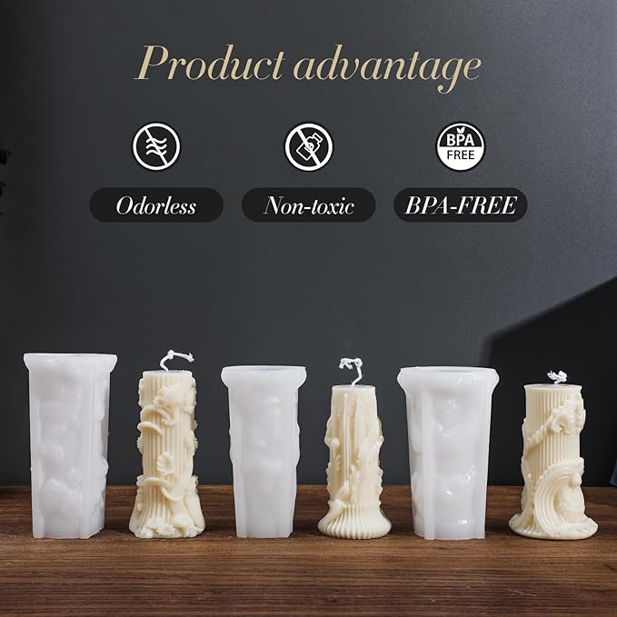 Roma Pillar Silicone Candle Mold with Wick Pin and 50 Wicks Epoxy Wax Molds Silicone Shapes Taper Mold for Candle Craft Making Gift Decoration