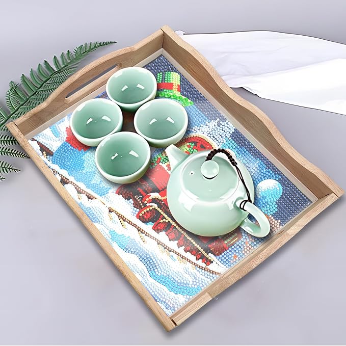 FGbaby DIY 5D Snowman Train Diamond Painting Wood Serving Tray with Handles Diamond Art Decor Serving Trays Wooden Tray for Breakfast in Bed, Patio, BBQ, Coffee Table, Party –Great for Lap & Couch