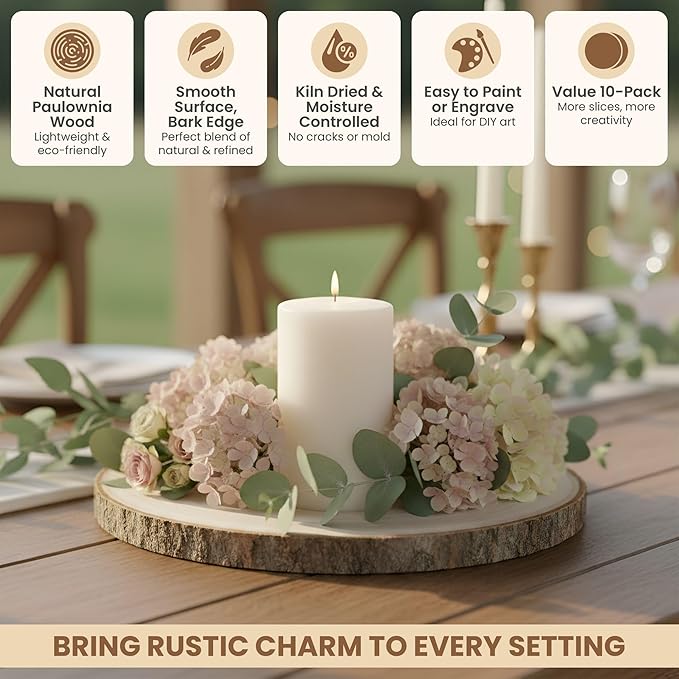 10 Pack Natural Wood Slices for Centerpieces – Rustic Wedding Table Decorations, Unfinished Wooden Rounds for DIY Crafts and Home Decor (8–9 inch)