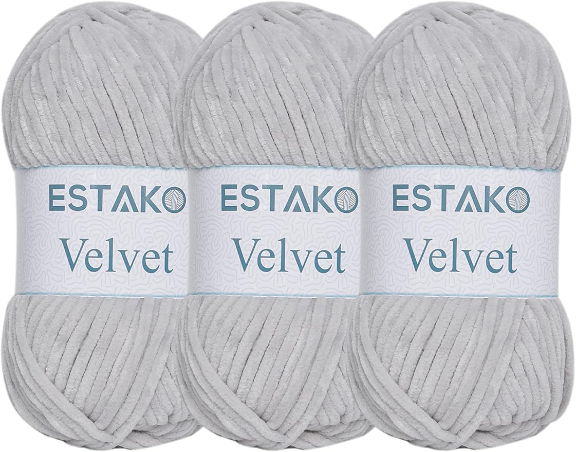 Estako Velvet (3- Skeins Pack) Chenille Blanket amigurumi Yarn for Crocheting and Knitting Super Bulky 3x100 gr (3x132 yds) (1120 - Light Grey)