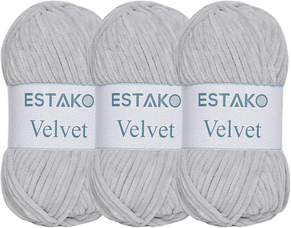 Estako Velvet (3- Skeins Pack) Chenille Blanket amigurumi Yarn for Crocheting and Knitting Super Bulky 3x100 gr (3x132 yds) (1120 - Light Grey)