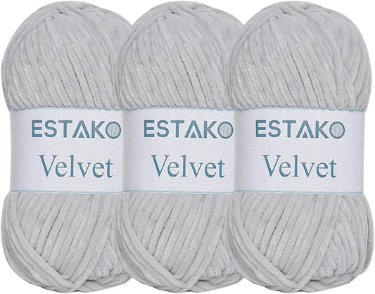 Estako Velvet (3- Skeins Pack) Chenille Blanket amigurumi Yarn for Crocheting and Knitting Super Bulky 3x100 gr (3x132 yds) (1120 - Light Grey)