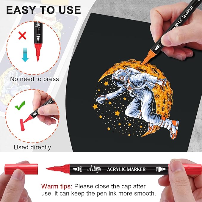 Artugn 24 Colors Acrylic Paint Pens, Dual Tip Markers for Rock, Ceramic, Wood, Plastic, Calligraphy, Scrapbooking, Card Making, Stocking Stuffers, Christmas Gifts for Teens DIY Crafts