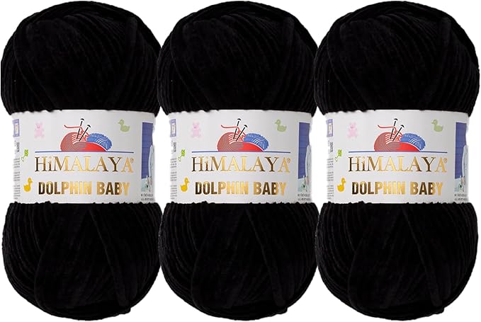 3 Skein/Pack Himalaya Dolphin Baby Chenille Yarn, Each Ball 100 gr (3.5 oz), 120 m (132 Yards), 100% Polyester, Super Bulky Baby Blanket Velvet Amigurumi Yarn, 80311 - Black