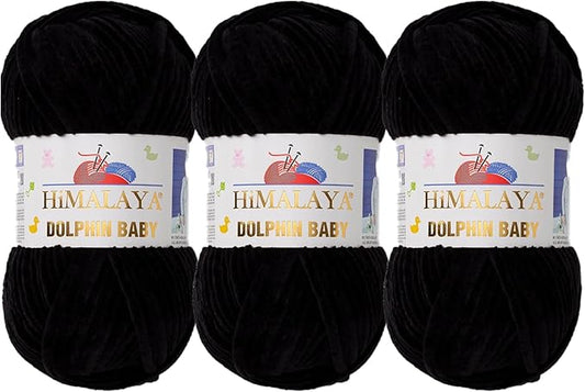 3 Skein/Pack Himalaya Dolphin Baby Chenille Yarn, Each Ball 100 gr (3.5 oz), 120 m (132 Yards), 100% Polyester, Super Bulky Baby Blanket Velvet Amigurumi Yarn, 80311 - Black