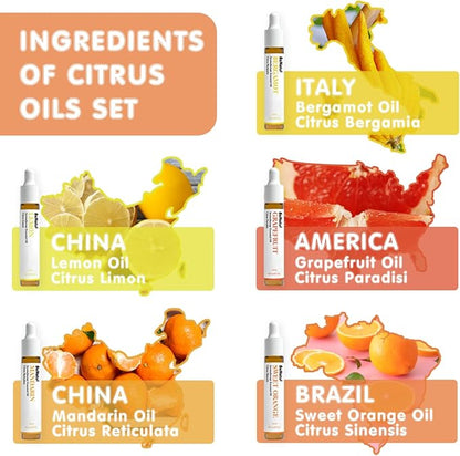 Citrus Essential Oil Set for Diffuser, Natural Fruity Fragrance Blends Gift for Home, Fresh Scent Aromatherapy Oils (Lemon, Sweet Orange, Grapefruit, Bergamot, Mandarin) 5 Packs
