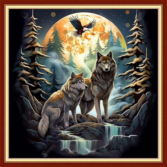 DMCVIVR Stamped Cross Stitch Kits for Beginners Adults Needlepoint Kits for Beginners Embroidery Kits for Adults Crossstitch Kit for Beginners 11CT-Moonlight Wolf 18x18 inch