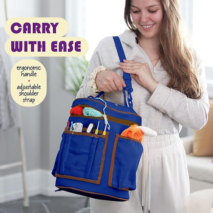 Hearth & Harbor Crochet Bag Organizer – Durable Knitting Bag, Yarn Organizer for Accessories and Supplies, Canvas Yarn Holder, Crochet Carrying Case with Accessories Pouch, Storage Organizer – Blue