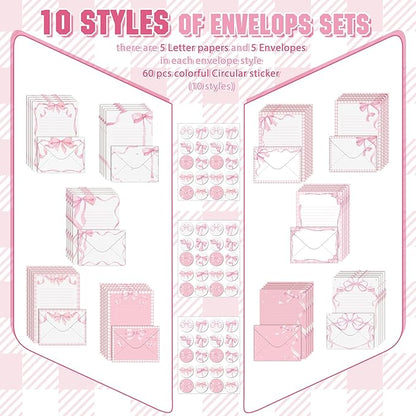 TaoBary 160 Pcs Stationery Paper Set 50 Double Sided Stationery Papers with 50 Matching Envelopes and 60 Round Dot Sticker, 10 Design(Pink Bow,5.5 x 8.25 Inch)