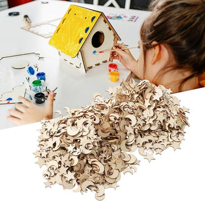 1000Pcs Wood Moon Star Cutout Slices Unfinished Star and Moon Shape Wood Cutouts for DIY Craft
