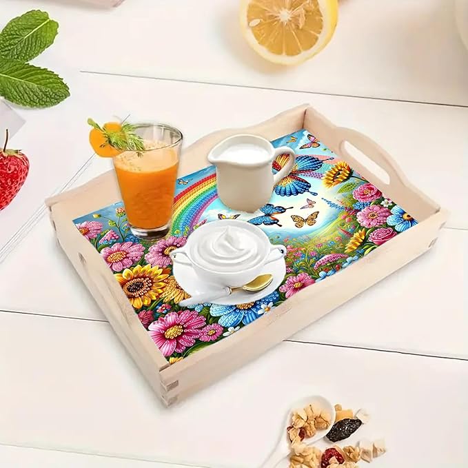 DoxQcs DIY Diamond Art Wooden Tray Kit Easter Food Tray with Handle Diamond Painted Table Decoration Tray for Breakfast Bar Dinner Table Diamond Art Painting for Beginners-#07-Rainbow Butterfly Bush