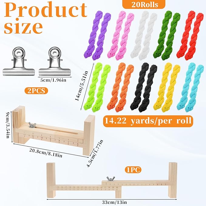 Xthrotsenk 23 PCS Bracelet Maker Making Kit, 1 Pcs Adjustable Wood Bracelet Jig with Scale, 20 Roll Thick 1.5mm DIY Nylon String and 2 Clamps, Wooden Bracelets Jig Kit for Braiding Bracelets