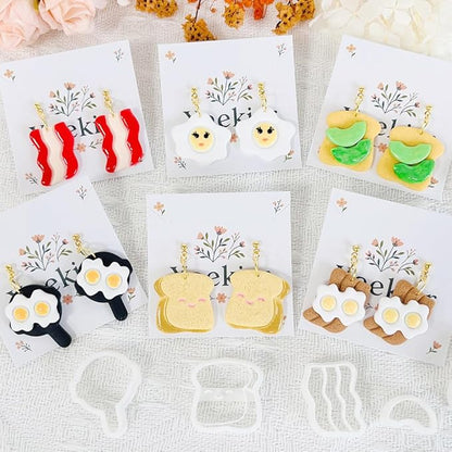 Xaekicr 8Pcs Breakfast Theme Polymer Clay Cutters Set – Toast, Bacon, Egg Shapes | Fun Clay Earring Cutters | Polymer Clay Molds for Jewelry Making | Clay Tools for DIY Crafts