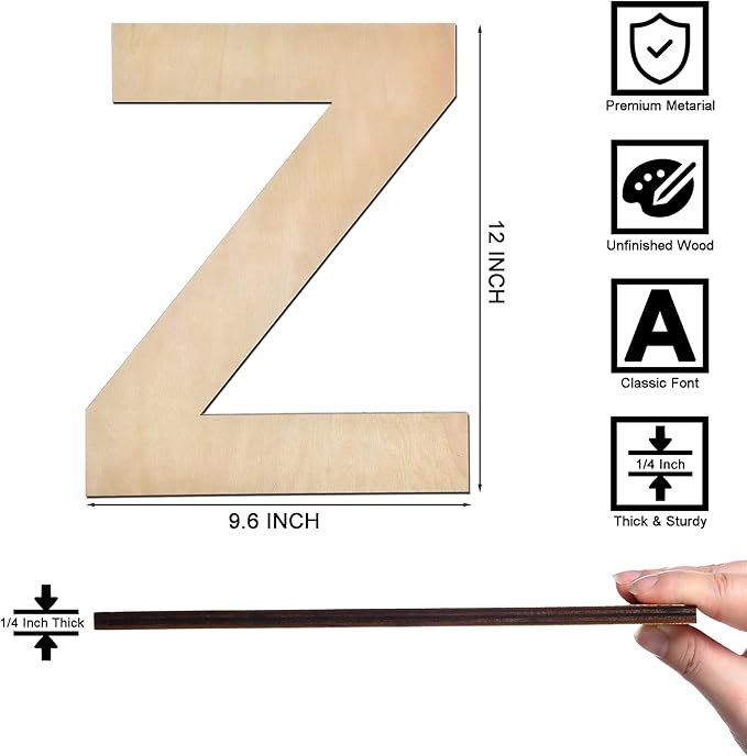 12 Inch Wooden Letter Z, 1/4 Inch Thick Large Unfinished Wood Letter for Home Wall Decor, DIY Crafts