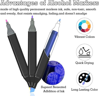 Dual Tip Alcohol Markers, Color Markers Pens, Permanent Marker, Assorted, For Adult Coloring Books, Note Taking Coloring Writing, Teacher Office Supplies, Drawing Art Supplies Kit (204 Colors)