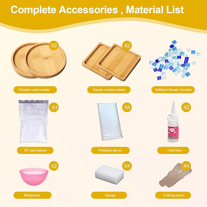 WATHFKCU 4 Sets DIY Glass Mosaic Tiles for Crafts,Mixed Color Mosaic Kits with Wooden Coaster for Adults,Mosaic Crafts Materials Package for Coaster Handmade Home Decor Gifts