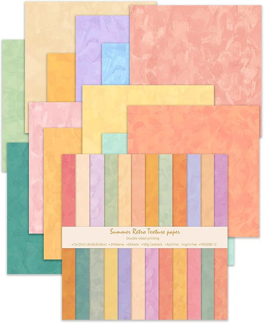 iChuan 24 Sheets Scrapbook Paper 12" Double-Sided Photo Backdrop Patterned Craft Paper 160gsm for Junk Journals Greeting Cards Album Decoration(Boho Design B)