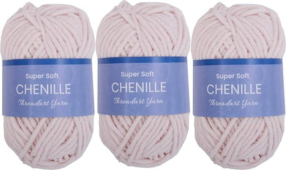 3 Pack ThreadArt Chenille Yarn for Crocheting, Knitting, Amigurumi, Super Soft Plush Velvet Yarn - 50 Gram 60 yds #5 Fluffy Yarn Skeins - Blush Pink 04