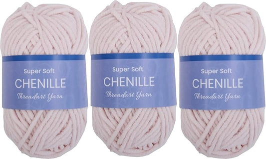 3 Pack ThreadArt Chenille Yarn for Crocheting, Knitting, Amigurumi, Super Soft Plush Velvet Yarn - 50 Gram 60 yds #5 Fluffy Yarn Skeins - Blush Pink 04